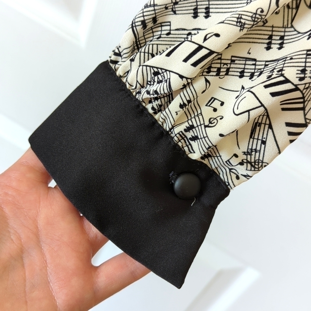 Pendleton 90's Vintage Silky Sheet Music Print Button Down Blouse Cream Black 4 - Picture 9 of 11